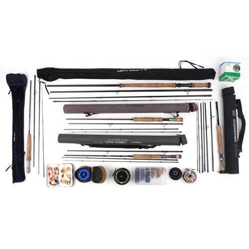1375 - Vintage and later salmon fly fishing rods, reels and accessories including a tin of flies, Okuma 10/... 