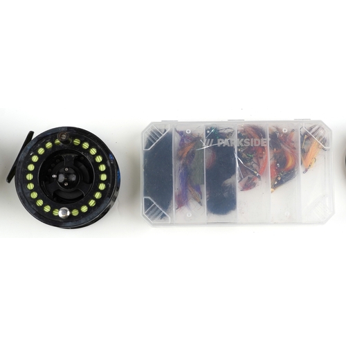 1375 - Vintage and later salmon fly fishing rods, reels and accessories including a tin of flies, Okuma 10/... 