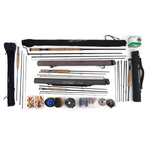 1375 - Vintage and later salmon fly fishing rods, reels and accessories including a tin of flies, Okuma 10/... 