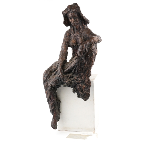 A large bronzed Ciment Fondu sculpture - Girl in Hat, with The Mall Galleries label, 95cm high.