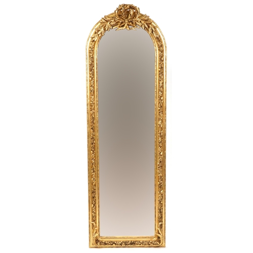 2184 - A modern 18th century style gilt painted pier mirror with leaf and ribbon surmount within a fruit an... 
