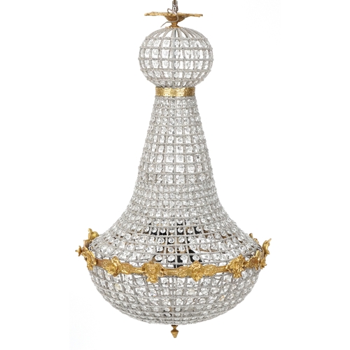 2058 - A large gilt metal and cut glass ceiling light, H-70cm