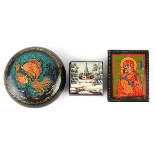 1570 - Four Russian lacquered papier mâché boxes, each hand painted with traditional folk art, the largest ... 