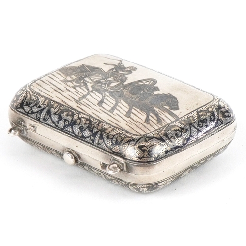 3596 - A Russian silver niello work box decorated with a three horse drawn troika, standard 84, 6.4cm wide,... 