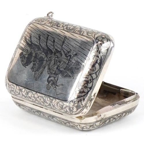 3596 - A Russian silver niello work box decorated with a three horse drawn troika, standard 84, 6.4cm wide,... 