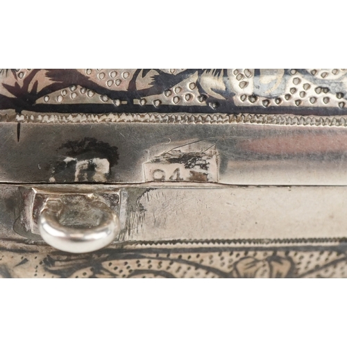 3596 - A Russian silver niello work box decorated with a three horse drawn troika, standard 84, 6.4cm wide,... 