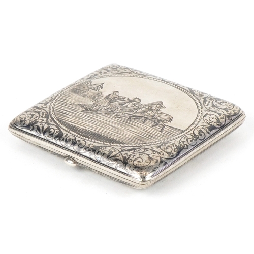 3595 - A 19th century Russian silver niello work cigarette case decorated with a three horse drawn troika, ... 