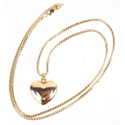 3106 - An as new 9ct gold love heart pendant on a 9ct gold necklace retailed by Goldsmiths, with box, 2cm h... 