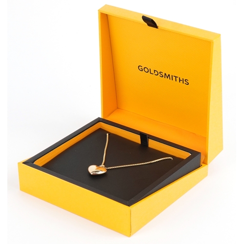 3106 - An as new 9ct gold love heart pendant on a 9ct gold necklace retailed by Goldsmiths, with box, 2cm h... 