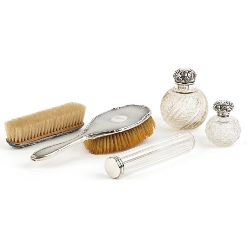 3654 - Victorian and later silver mounted dressing table vanity items including cut glass jars and brushes,... 