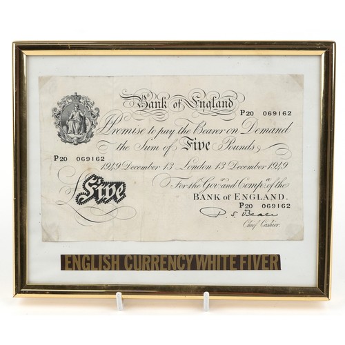 1196 - A 1940s Bank of England seated Britannia white five pound note dated December 13th London 1949, pref... 