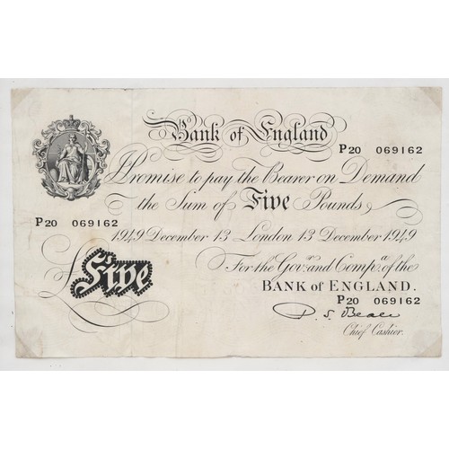 1196 - A 1940s Bank of England seated Britannia white five pound note dated December 13th London 1949, pref... 