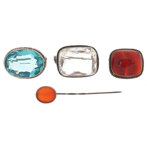 3376 - Silver jewellery including an unmarked agate brooch and stickpin, the largest 5.4cm in length, total... 