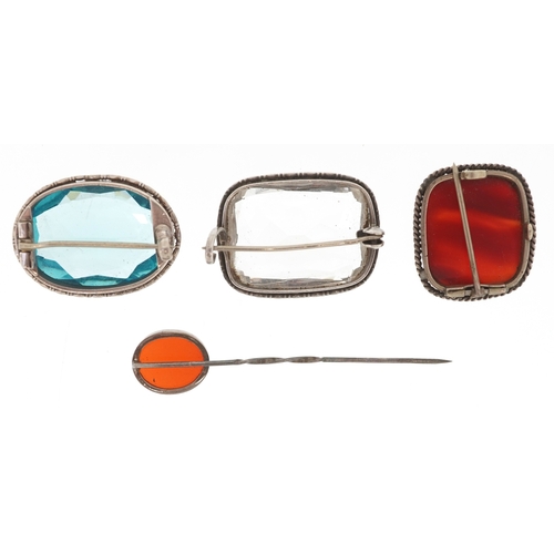 3376 - Silver jewellery including an unmarked agate brooch and stickpin, the largest 5.4cm in length, total... 