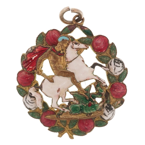 3158 - A gilt metal and enamel St. George pendant, 3.8cm in diameter, 18.8g.