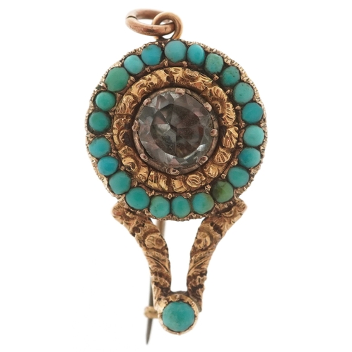 3075 - An antique unmarked gold turquoise and topaz pendant brooch, 2.7cm wide, 4.0g.