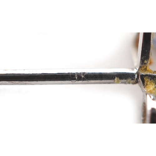 3105 - A pair of 9ct white gold diamond and blue stone stud earrings, 7.9mm high, total 1.0g.