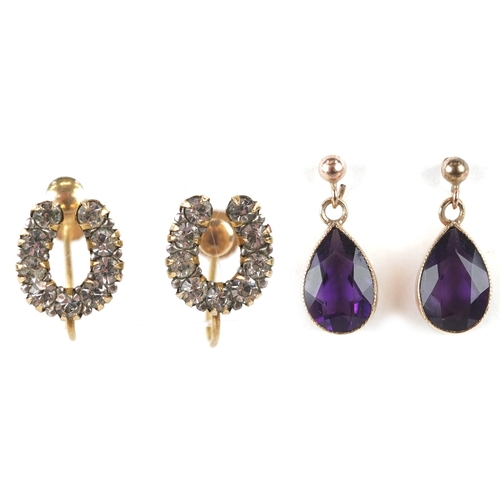 3089 - Two pairs of 9ct gold earrings comprising a pair of paste horseshoe design screw back earrings and a... 