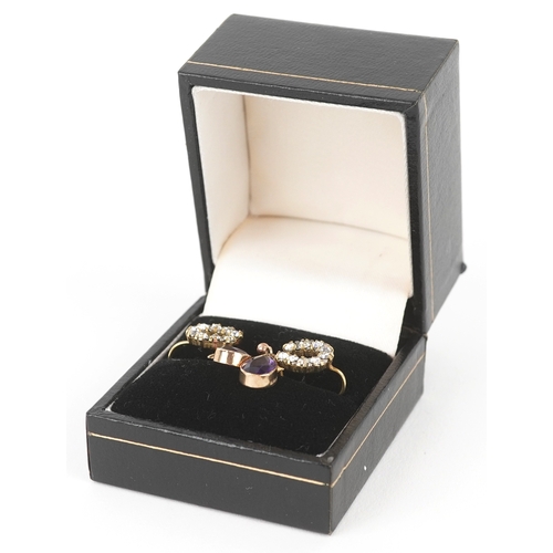 3089 - Two pairs of 9ct gold earrings comprising a pair of paste horseshoe design screw back earrings and a... 