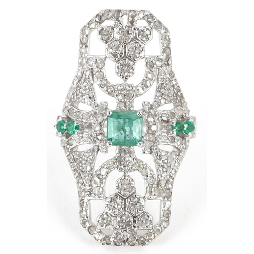 3377 - An Art Deco style silver emerald and diamond panel ring, total diamond weight 1.90 carat, total emer... 