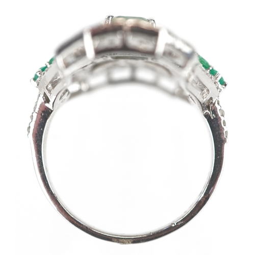 3377 - An Art Deco style silver emerald and diamond panel ring, total diamond weight 1.90 carat, total emer... 