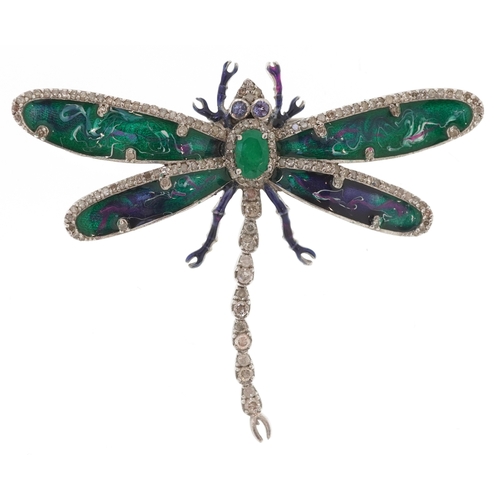 3064 - A silver diamond and emerald dragonfly brooch with tanzanite set eyes and guilloche enamelled wings,... 