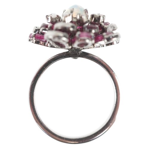 3253 - A silver cabochon opal pink tourmaline and diamond cluster ring, total diamond weight 0.40 carat, to... 