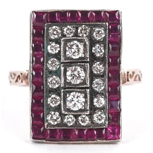 3157 - An Art Deco style 8ct rose gold diamond and ruby cluster panel ring with engraved shoulders, total r... 