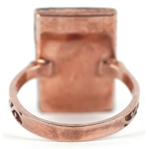 3157 - An Art Deco style 8ct rose gold diamond and ruby cluster panel ring with engraved shoulders, total r... 