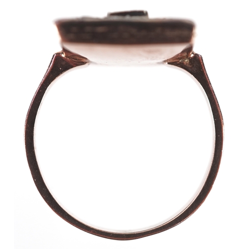 3157 - An Art Deco style 8ct rose gold diamond and ruby cluster panel ring with engraved shoulders, total r... 