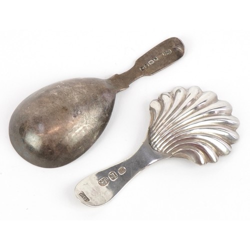 3668 - Two Georgian and later silver caddy spoons, one with shell shaped bowl, the largest 8.5cm in length,... 