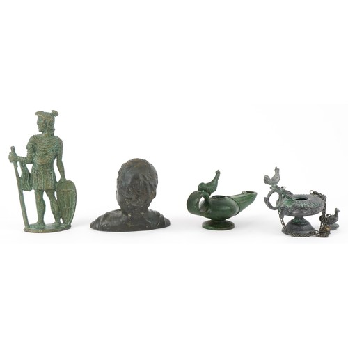 204 - Roman style artifacts including a bronze male bust and incense burners, the largest 14cm high.