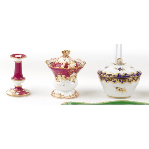 434 - 19th century English porcelain including a clock stand, spill vases and a chamber stick, each with h... 
