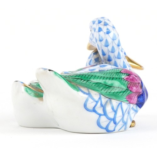 611 - Herend, a Hungarian porcelain figure group of two ducks hand painted in the Fishnet pattern, 11.5cm ... 