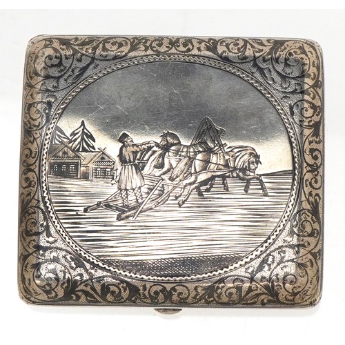 3595 - A 19th century Russian silver niello work cigarette case decorated with a three horse drawn troika, ... 