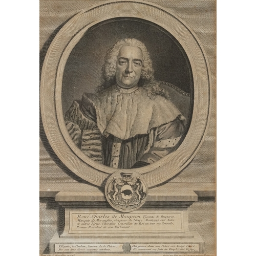 2485 - J. Chevallier - René Charles de Maupeou, 18th century engraving, framed and glazed, 26cm x 18cm.