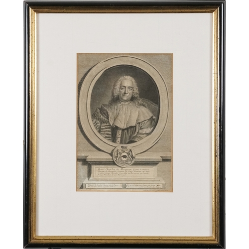 2485 - J. Chevallier - René Charles de Maupeou, 18th century engraving, framed and glazed, 26cm x 18cm.