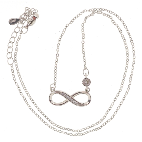 3435 - A silver infinity jewellery suite set with clear stones comprising necklace, bracelet and stud earri... 