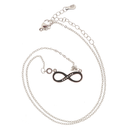 3435 - A silver infinity jewellery suite set with clear stones comprising necklace, bracelet and stud earri... 