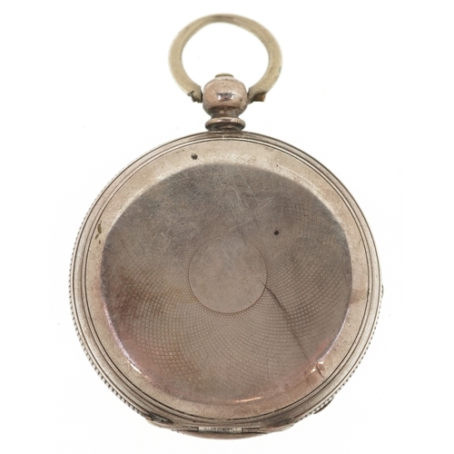 3396 - A Victorian gentlemen's silver open face keywind pocket watch having enamelled dial with Roman numer... 
