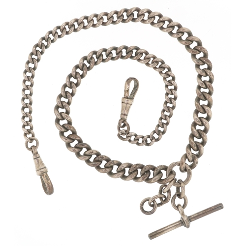 3406 - A graduated silver watch chain with T bar and dog clip clasps, 42cm in length, 59.0g.