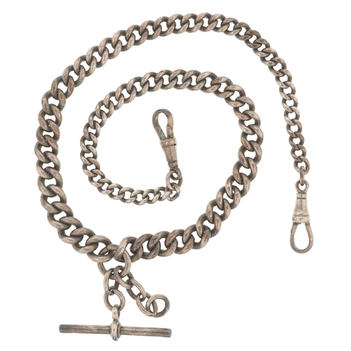 3406 - A graduated silver watch chain with T bar and dog clip clasps, 42cm in length, 59.0g.