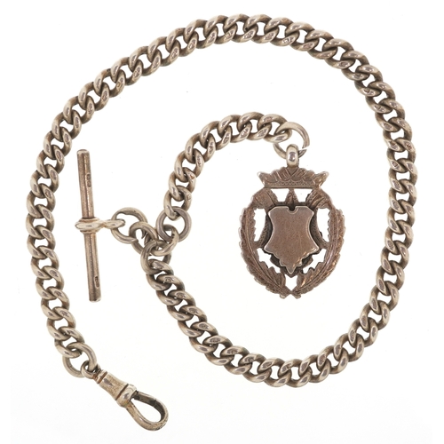 3443 - A silver watch chain with T bar, sports jewel and dog clip clasp, 34cm in length, 53.8g.