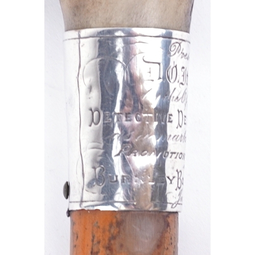 419 - A Victorian malacca walking stick with horn handle and silver collar presented to Jacob Wood, Detect... 
