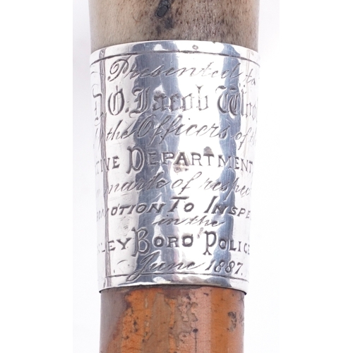 419 - A Victorian malacca walking stick with horn handle and silver collar presented to Jacob Wood, Detect... 
