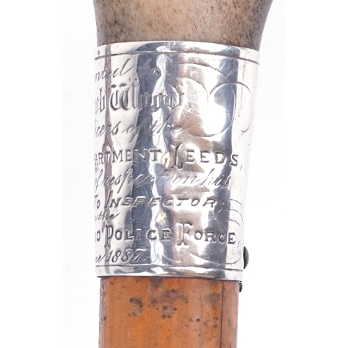 419 - A Victorian malacca walking stick with horn handle and silver collar presented to Jacob Wood, Detect... 