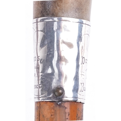 419 - A Victorian malacca walking stick with horn handle and silver collar presented to Jacob Wood, Detect... 