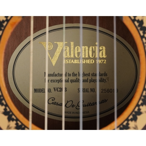 2588 - A Spanish Valencia six string classical guitar, model number VC203, 92cm in length.