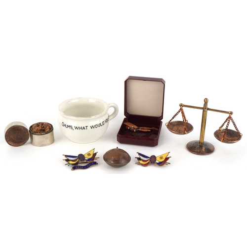 2821 - Sundry items including a German military interest porcelain miniature po, enamelled military interes... 