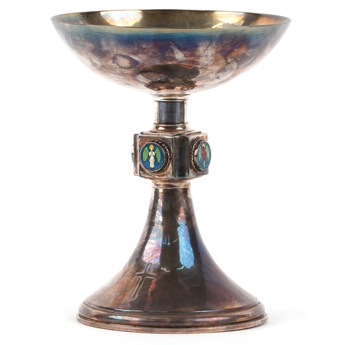 212 - An ecclesiastical silver plated chalice having enamelled panels with religious icons, 22cm high.